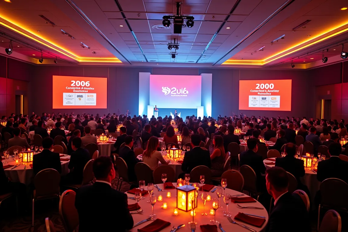 Corporate awards ceremony in Dubai ballroom with branded stage backdrop and glowing LED centrepieces on gala dinner tables