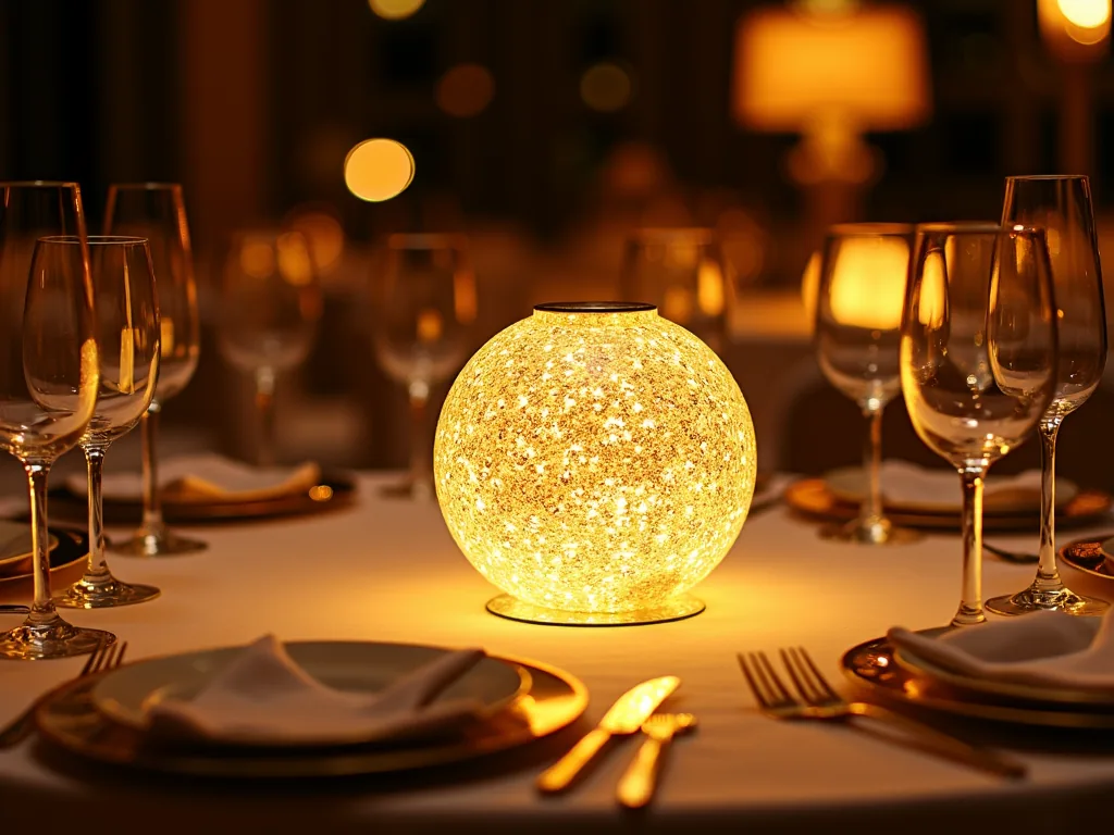 Close-up of glowing DMX LED centrepiece on luxury gala dinner table with crystal glasses and gold cutlery Dubai