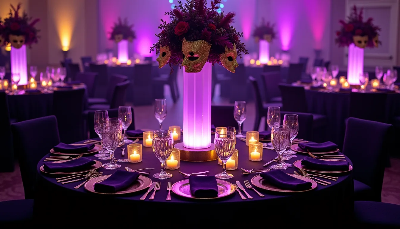 DMX LED centrepiece glowing purple and gold on masquerade themed dinner table in Dubai