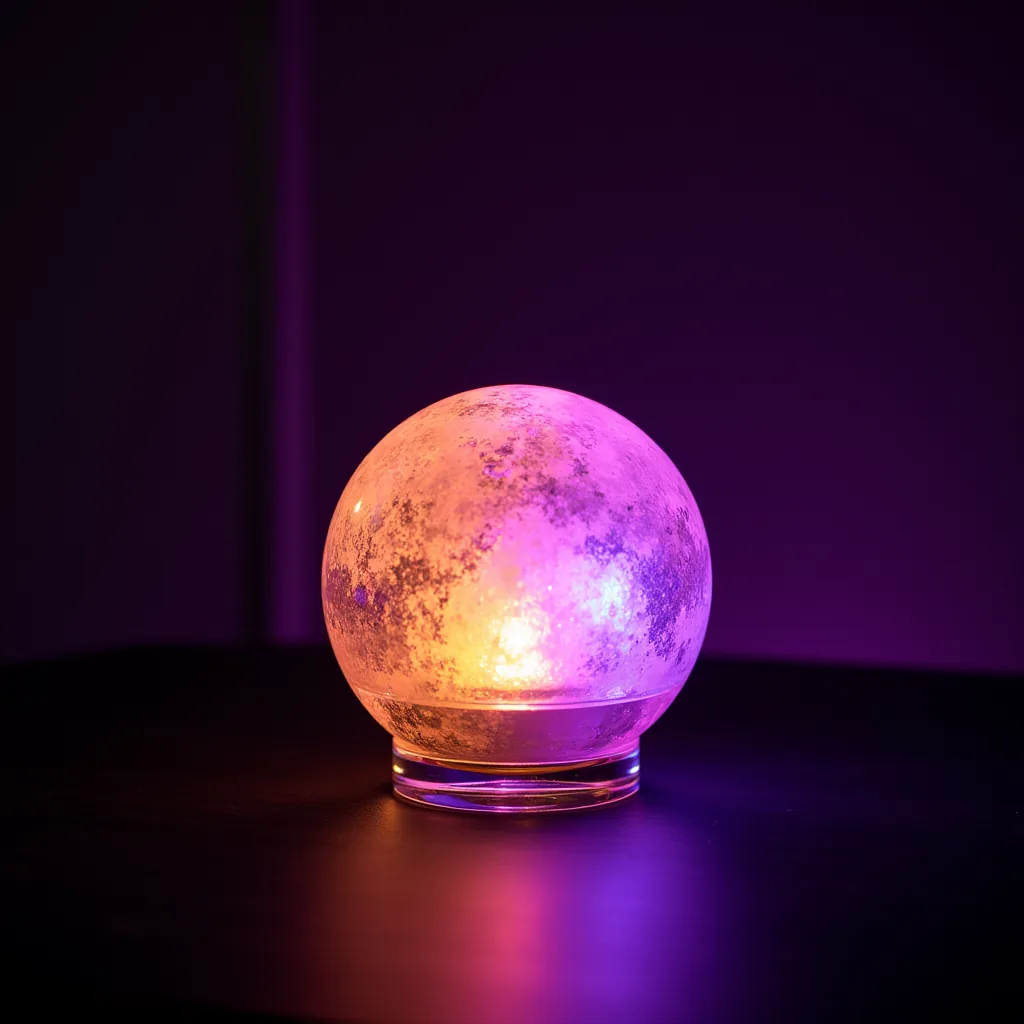 Close-up of a DMX-controlled crystal globe centrepiece with programmable LED colour-changing light