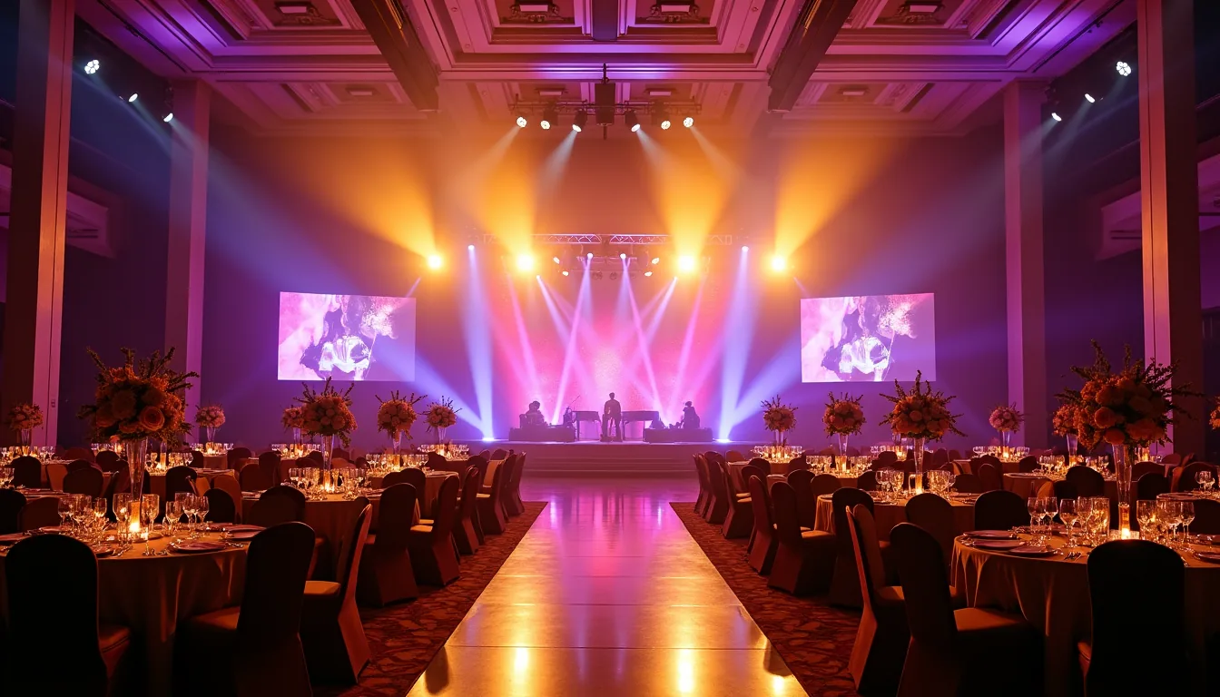 DMX programmable LED lighting sweeping across luxury corporate gala dinner space in Dubai hotel ballroom
