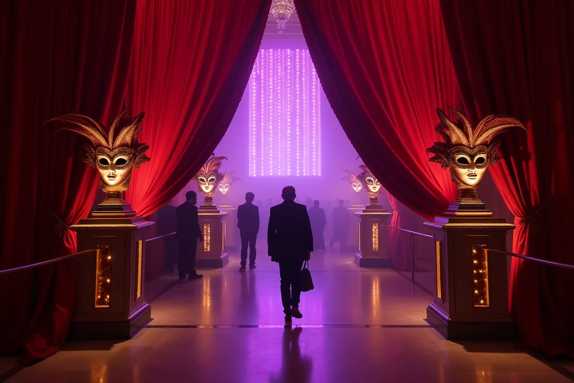 Grand entrance to a masquerade ball event in Dubai with illuminated columns and velvet curtains