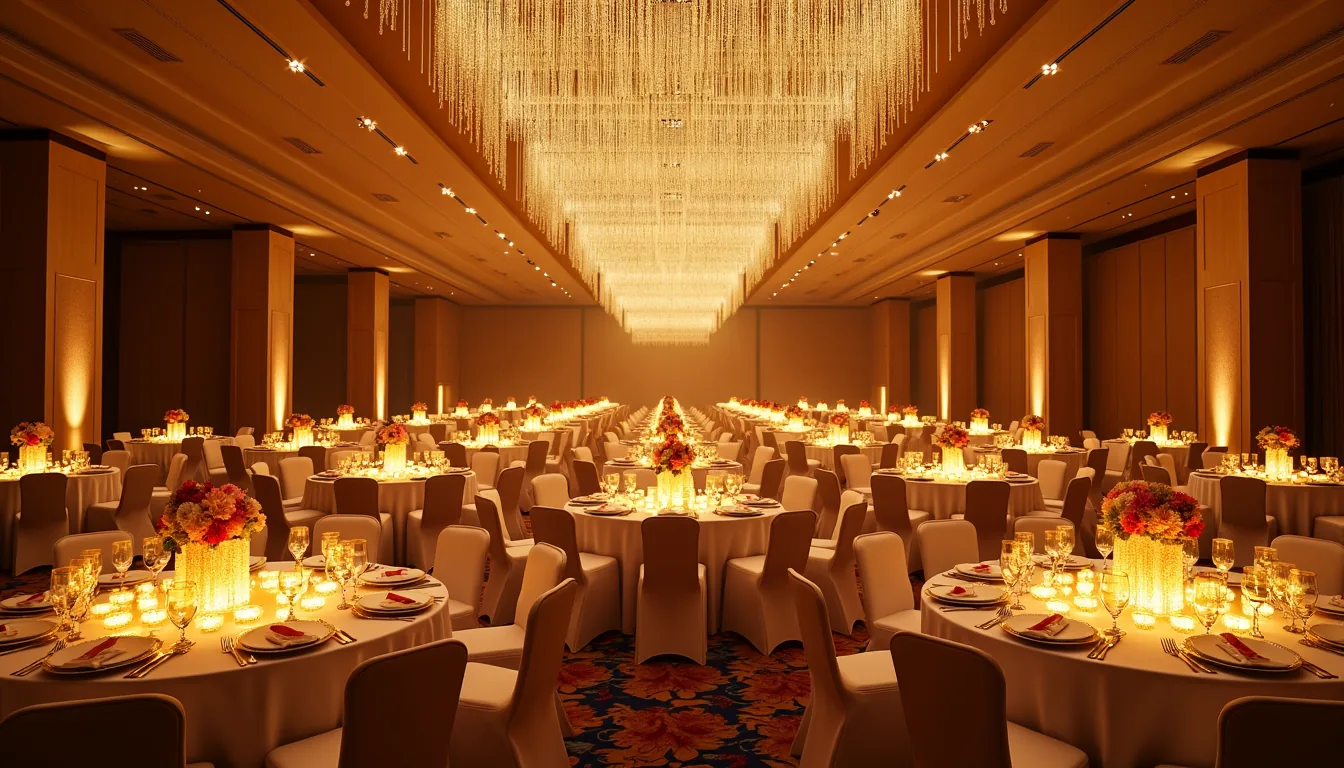 Breathtaking gala dinner room reveal in Dubai hotel ballroom with hundreds of gold LED centrepieces aligned across round tables