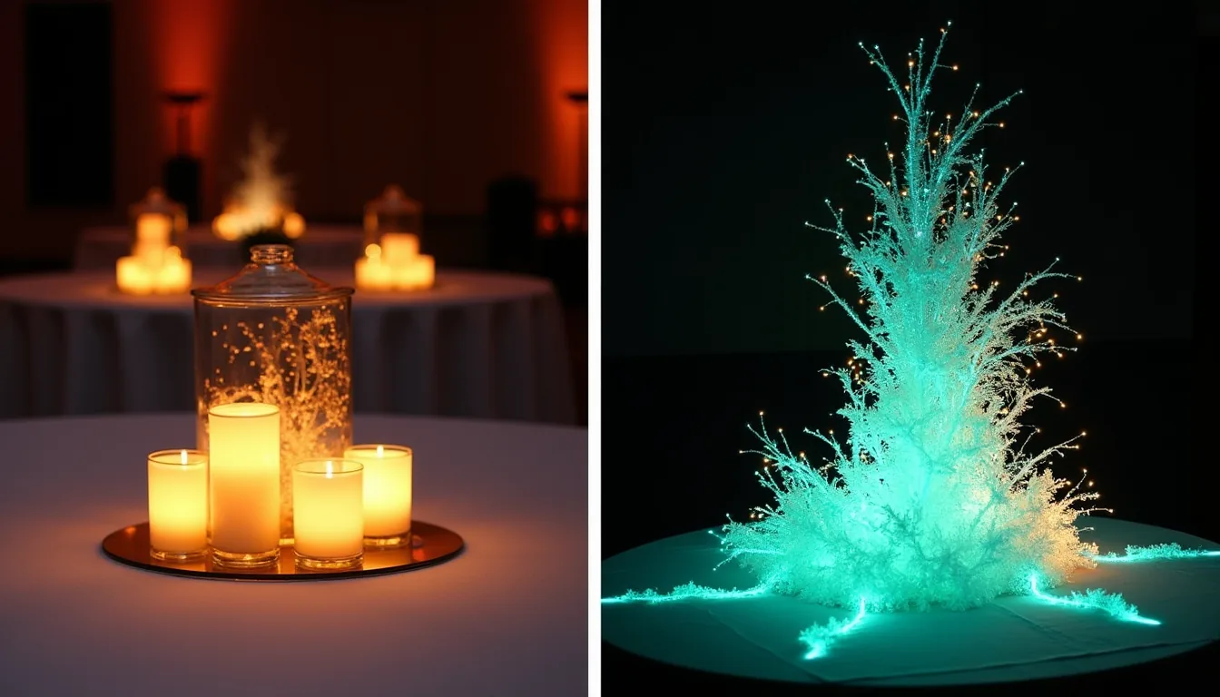 Side-by-side comparison of a standard LED centrepiece versus a DMX programmable centrepiece at an event
