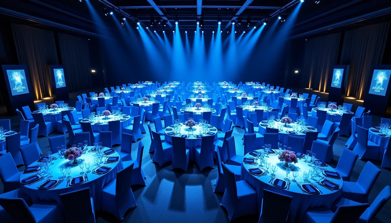 Synchronised DMX centrepieces across 20 tables at a Dubai corporate gala dinner showing uniform blue lighting
