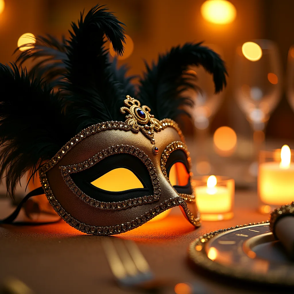 Ornate gold Venetian masquerade mask on elegant table setting with glowing LED centrepiece